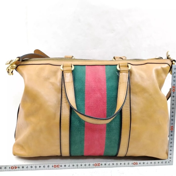 Auth Gucci Camel Brown Leather Web Sherry pqLine 2way Rania Boston Doctor Duffle - Picture 2 of 9